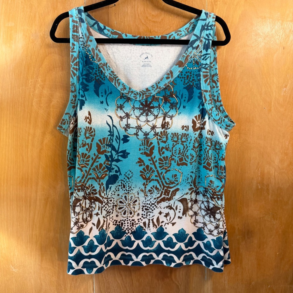 White Stag Teal Floral Mandala Rhinestone Cotton Tank‎ Top XL 16/18